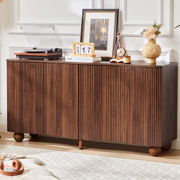 WIRRYTOR 57" Curved Fluted Kitchen Sideboard Buffet Cabinet, Mid-Century Modern Credenza with Solid Ball Legs for Dining Room Living Room, Walnut