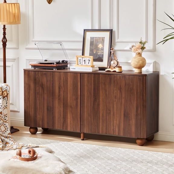WIRRYTOR 57" Curved Fluted Kitchen Sideboard Buffet Cabinet, Mid-Century Modern Credenza with Solid Ball Legs for Dining Room Living Room, Walnut