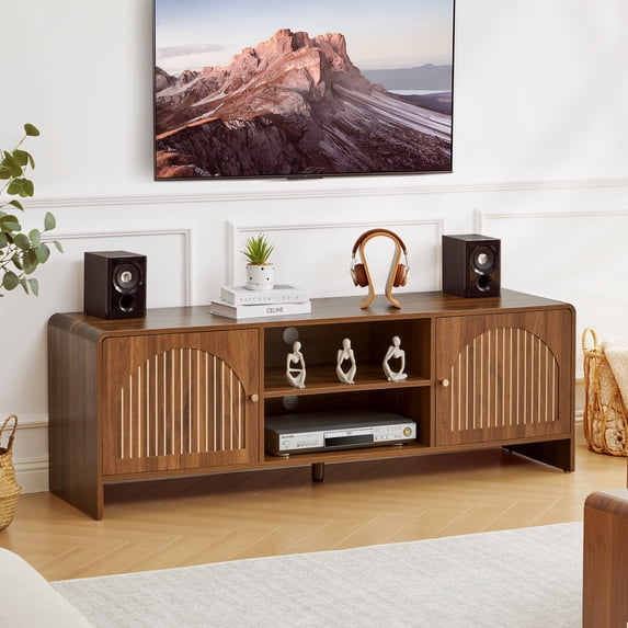 WIRRYTOR 58" Mid-Century Modern TV Stand for 65 Inch TV, Walnut Entertainment Center with Arched Fluted Doors, Media Console Table for Living Room