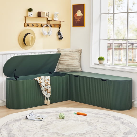 WIRRYTOR 59" Fluted L-Shaped Corner Storage Bench with Rounded Corners, Mid-Century Modern Breakfast Nook Bench, Extra Large Storage Chest, Green