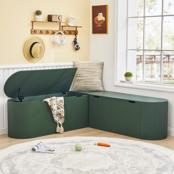 WIRRYTOR 59" Fluted L-Shaped Corner Storage Bench with Rounded Corners, Mid-Century Modern Breakfast Nook Bench, Extra Large Storage Chest, Green