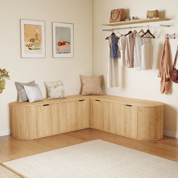 WIRRYTOR 59" Fluted L-Shaped Corner Storage Bench with Rounded Corners, Mid-Century Modern Breakfast Nook Bench, Extra Large Storage Chest, Natural