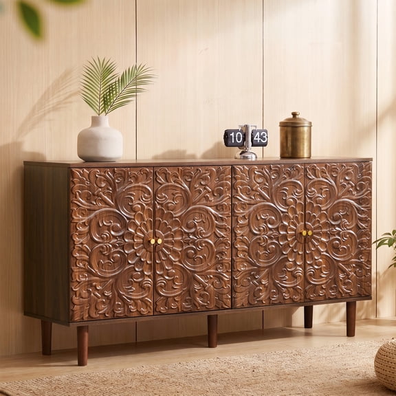 WIRRYTOR 59" Vintage Sideboard Cabinet with Floral Embossed Doors, 4 Doors Accent Storage Buffet Credenza TV Stand with Solid Wood Legs, Walnut