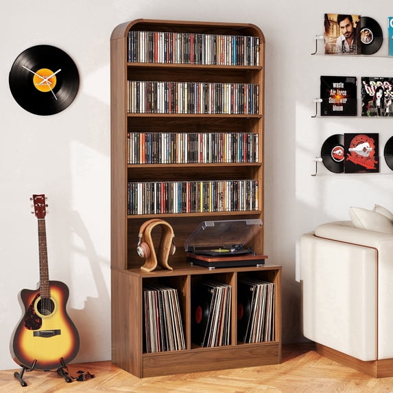 WIRRYTOR 70" Tall Record Player Stand with Hutch, Mid Century Vinyl Record Storage Cabinet with 4 Adjustable Shelves 500+ Albums, Walnut