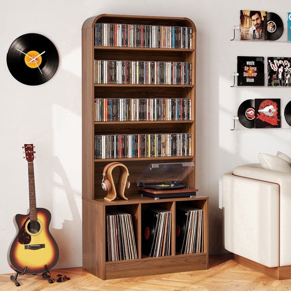 WIRRYTOR 70" Tall Record Player Stand with Hutch, Mid Century Vinyl Record Storage Cabinet with 4 Adjustable Shelves 500+ Albums, Walnut