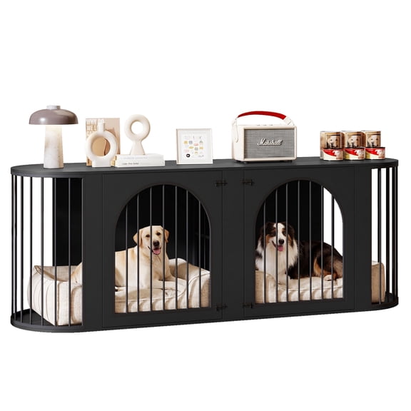 WIRRYTOR 86" Double Dog Crate Furniture, Modern Farmhouse Dog Kennel with Arched Doors and Removable Divider, Extra Large Dog Cage TV Stand, Black