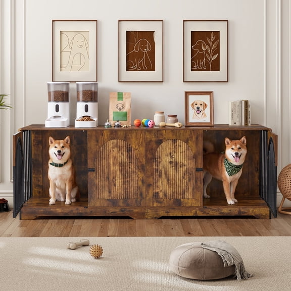 WIRRYTOR 86" Double Dog Crate Furniture for 2 Large Dogs, Heavy Duty Large Dog Kennel with Removable Divider, Wood Pet Cage TV Stand, Dark Brown