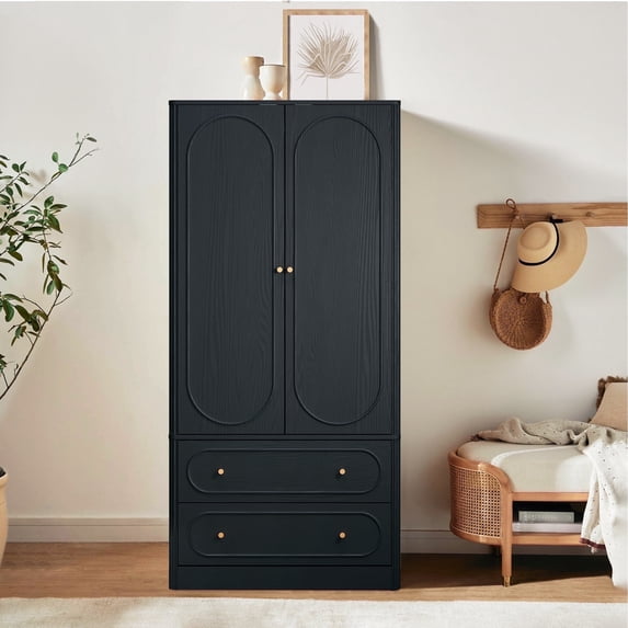 Wirrytor 2 Door Armoire for Bedroom with 2 Drawers and Hanging Rod, Fluted Tall Wardrobe Closet Storage Organizer, Large Capacity Freestanding Wardrobe for Living Room Or Office