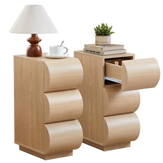 WIRRYTOR Curved Wave Narrow Nightstand Set of 2 for Bedroom, Mid-Century Modern 3 Drawer Slim Bedside Tables, Retro End Table Set of 2, Natural