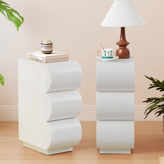 WIRRYTOR Curved Wave Narrow Nightstand Set of 2 for Bedroom, Mid-Century Modern 3 Drawer Slim Bedside Tables, Retro End Table Set of 2, White