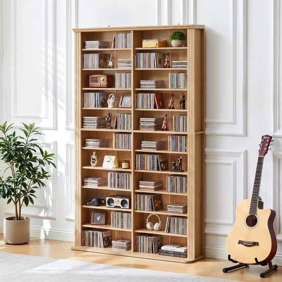 WIRRYTOR Farmhouse Media Storage Cabinet, Fluted DVD Storage Rack with 22 Compartments, Multimedia Display Shelf for Books Video Games, Natural