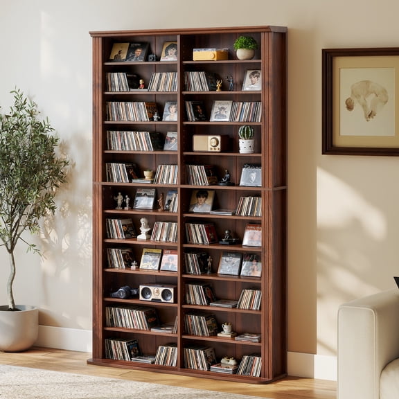 WIRRYTOR Farmhouse Media Storage Cabinet, Fluted DVD Storage Rack with 22 Compartments, Multimedia Display Shelf for Books Video Games, Walnut
