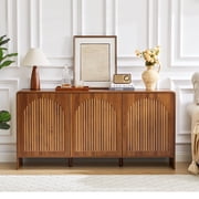 WIRRYTOR Fluted Sideboard Buffet Cabinet with 3 Doors, Buffet Storage Cabinet with Adjustable Shelves, Pop-Up Doors, Stripe Patterns&Arche Tirm Design for Kitchen Dining Living Room,Walnut