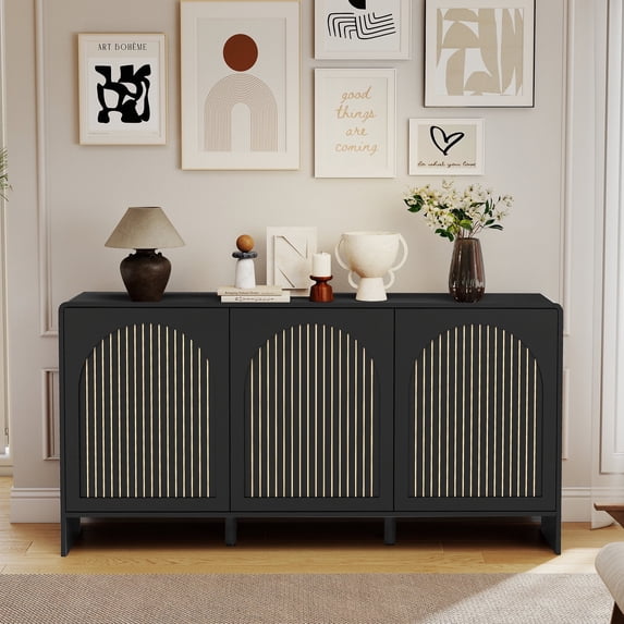 WIRRYTOR Fluted Sideboard Buffet Cabinet with 3 Doors, Buffet Storage Cabinet with Adjustable Shelves, Pop-Up Doors, Stripe Patterns&Arche Tirm Design for Kitchen Dining Living Room,Black