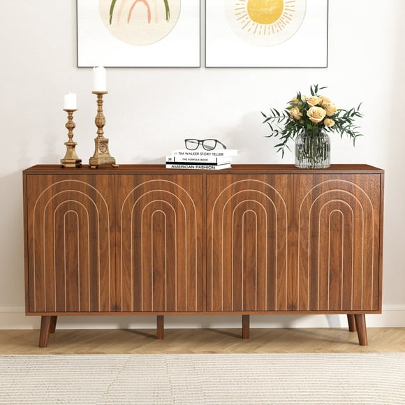 WIRRYTOR Fluted Sideboard Cabinet with Storage and Adjustable Shelves, Buffet Cabinet, Accent Storage Cabinet with Fluted Carved Arc Door Design for Kitchen Dining Living Room (Walnut , 4 Doors)