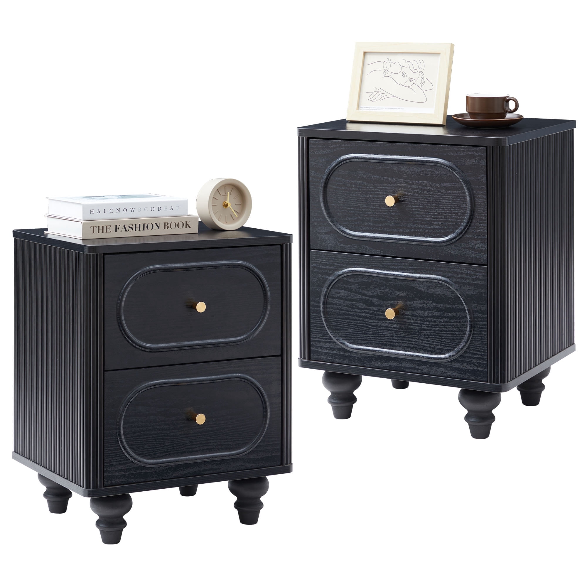Wirrytor 2 Drawer Nightstand Set of Two, Mid Century Modern Bedside Table with Fluted Sides, Small End Table for Bedroom, Space Saving Storage Cabinet for Small Spaces, Black