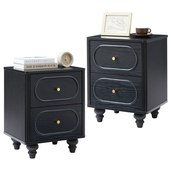 WIRRYTOR 2 Drawer Fluted Nightstand, Mid Century Modern Farmhouse Bedside Table, Small End Table Bedside Table for Bedroom, Black