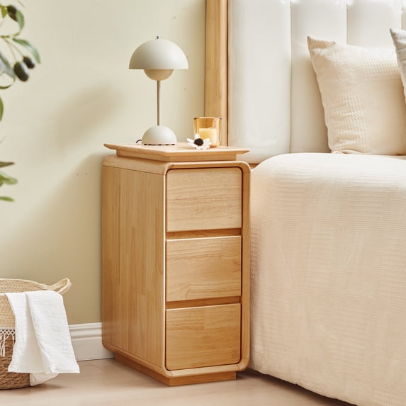 WIRRYTOR Mid-Century Modern Curved Edge Bedroom Nightstand, Narrow Wood Bedside Table with Floating Top, No Assembly 3 Drawer End Table, Natural
