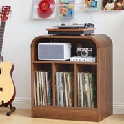 WIRRYTOR Mid Century Modern Curved Record Player Stand, Retro 3-Compartment Vinyl Storage Turntable Stand for 100+ Albums, Walnut Record Cabinet