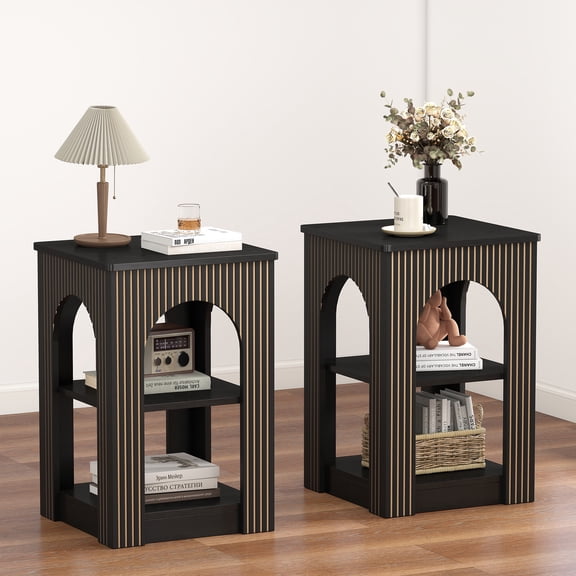 WIRRYTOR Mid-Century Modern End Tables Set of 2, 3-Tier Wooden Side Table with Arch Fluted Design, Accent Sofa Tables for Living Room, Black