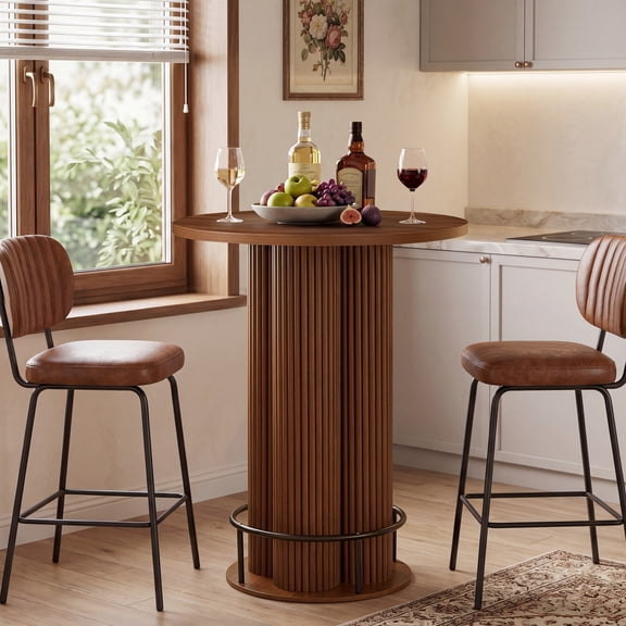 WIRRYTOR Mid-Century Modern Round Bar Table, 39.37" High Top Pub Dining Table with Pedestal Base and Metal Footrest for Home Kitchen Bistro, Walnut