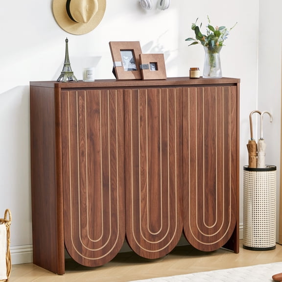 WIRRYTOR Mid-Century Modern Shoe Storage Cabinet for Entryway Foyer Hallway, 3-Door Arched Shoe Rack Organizer with Geometric Grooves, Walnut