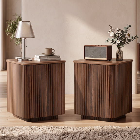 WIRRYTOR Mid-Century Modern Square Side Table Set of 2, Fluted End Table with Hidden Storage and Floating Pedestal Base, Walnut Wooden Accent Table