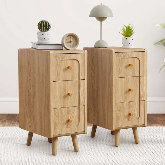 WIRRYTOR Modern Narrow Nightstands for Bedroom Set of 2, Rounded Corner Bedside Table Set with Tapered Legs, 3 Drawer Accent End Table, Natural