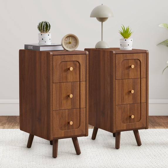 WIRRYTOR Modern Narrow Nightstands for Bedroom Set of 2, Rounded Corner Bedside Table Set with Tapered Legs, 3 Drawer Accent End Table, Walnut