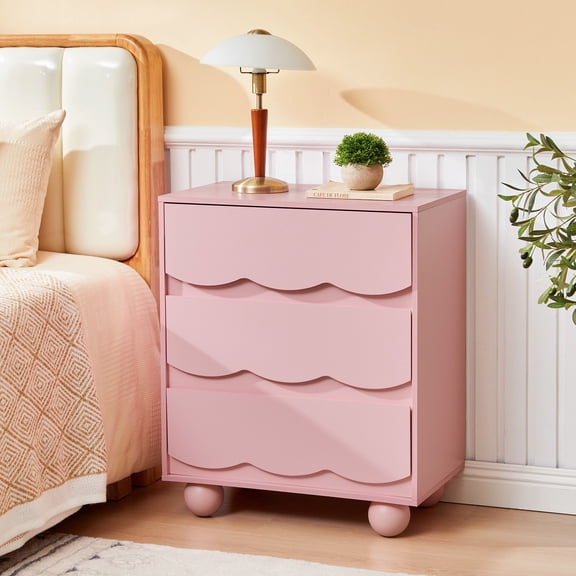 WIRRYTOR Modern Wave Front 3 Drawer Nightstand and Storage Dresser, Scalloped Bedside Table with Solid Wood Ball Leg for Bedroom Living Room, Pink
