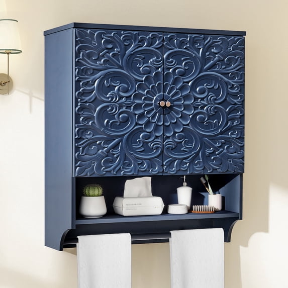 WIRRYTOR Retro Floral Embossed Bathroom Cabinet Wall Mounted, Kitchen Medicine Cabinet Storage Organizer with Open Shelf and Towel Bar, Blue