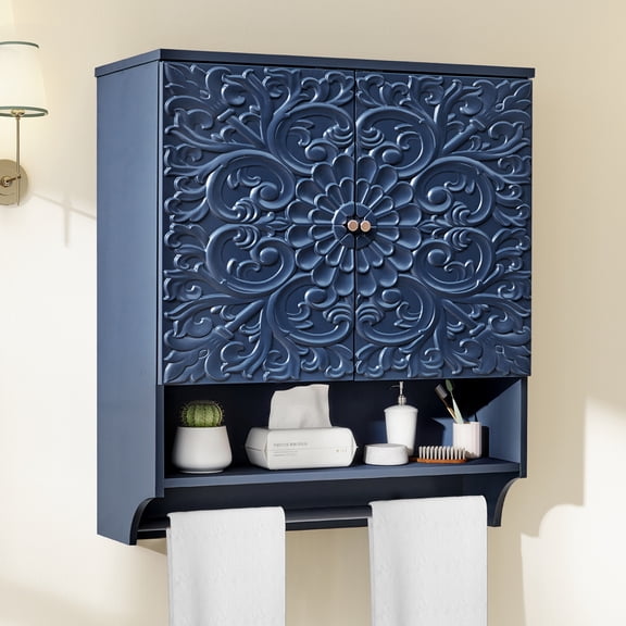 WIRRYTOR Retro Floral Embossed Bathroom Cabinet Wall Mounted, Kitchen Medicine Cabinet Storage Organizer with Open Shelf and Towel Bar, Blue