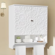 WIRRYTOR Retro Floral Embossed Bathroom Cabinet Wall Mounted, Kitchen Medicine Cabinet Storage Organizer with Open Shelf and Towel Bar, White