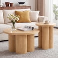 thumbnail image 1 of WIRRYTOR Round Coffee Table Set of 2, Modern Fluted Coffee Table and Side Table Set with Plum Base, Wood Living Room Accent Tables, Natural, 1 of 9