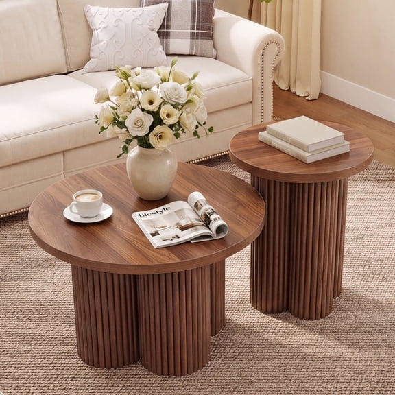 WIRRYTOR Round Coffee Table Set of 2, Modern Fluted Coffee Table and Side Table Set with Plum Base, Wood Living Room Accent Tables, Walnut