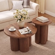 WIRRYTOR Round Coffee Table Set of 2, Modern Fluted Coffee Table and Side Table Set with Plum Base, Wood Living Room Accent Tables, Walnut