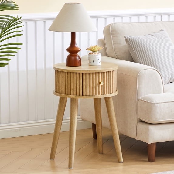 WIRRYTOR Round Fluted End Table with Drawer, Modern Boho Side Table and Accent Table for Living Room, Natural