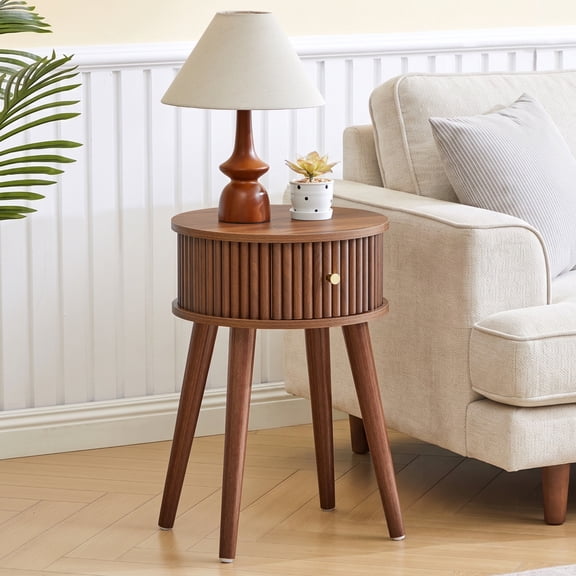 WIRRYTOR Round Fluted End Table with Drawer, Modern Boho Side Table and Accent Table for Living Room, Walnut