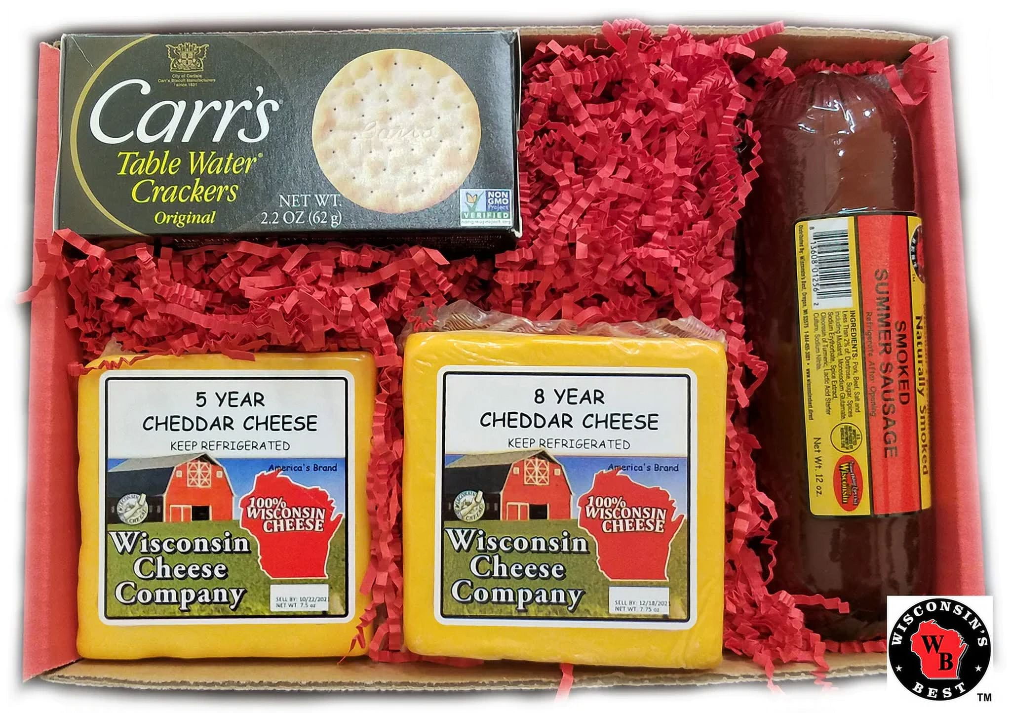 WISCONSIN CHEESE Elite Aged Cheddar Cheese, Sausage & Cracker Gift Basket, 4 Piece. Perfect