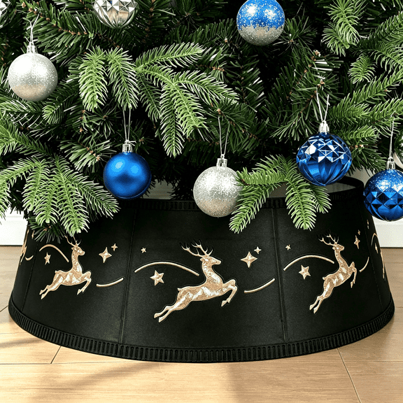 WISD Christmas Tree Collar, Adjustable 9-Panel Tree Stand Cover, Gold Glitter Hollow Reindeer Design, Foldable Plastic Christmas Tree Skirt Alternative for 4-7ft Trees, Black