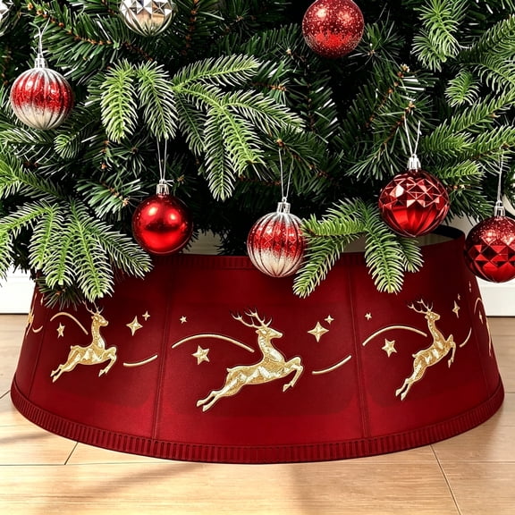 WISD Christmas Tree Collar, Adjustable 9-Panel Tree Stand Cover, Gold Glitter Hollow Reindeer Design, Foldable Plastic Christmas Tree Skirt Alternative for 4-7ft Trees, Red