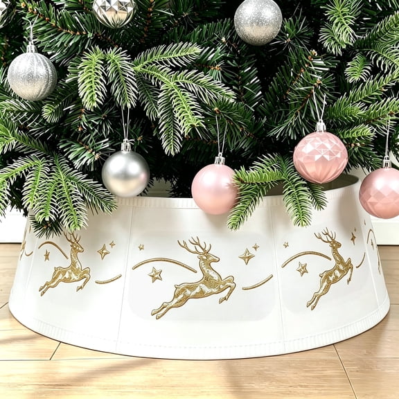 WISD Christmas Tree Collar, Adjustable 9-Panel Tree Stand Cover, Gold Glitter Hollow Reindeer Design, Foldable Plastic Christmas Tree Skirt Alternative for 4-7ft Trees, White