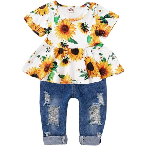 WISDOM Girls Clothes Outfits Cute Baby Girl Floral Short Sleeve Pant Set Flower Ruffle Top Elastic Waist Jeans Fashion Sweet Summer Set