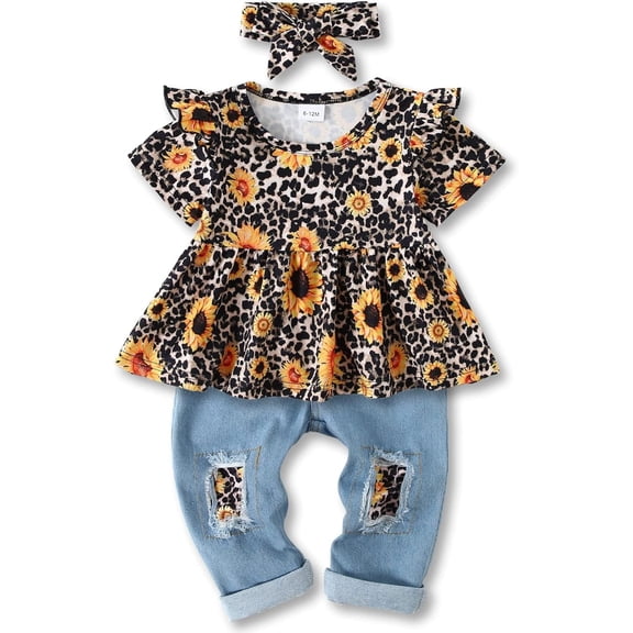 WISDOM Girls Clothes Outfits Cute Baby Girl Floral Short Sleeve Pant Set Flower Ruffle Top Elastic Waist Jeans Fashion Sweet Summer Set