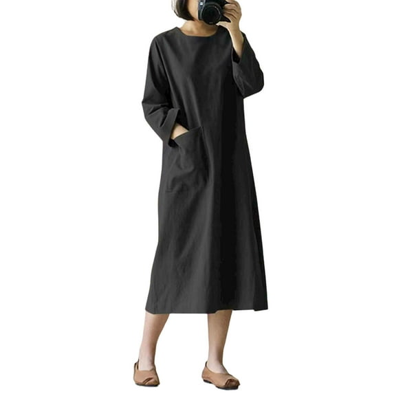 WISEFIN Women Elegant Pockets Solid Color Short Sleeve Cotton Linen Shirt Dress