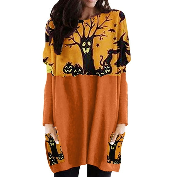 WISEFIN Women Halloween Pumpkin Print Long Sleeve Round Neck Casual Blouse Tops