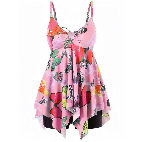 WISEFIN Women Plus Size Irregular Hem Printed Padded Swimdress 2 Piece Swing Swimsuits XL-5XL