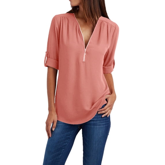 WISEFIN Women Plus Size S-5XL Roll Up Long Sleeve Zipper V-Neck Solid Color Chiffon T-Shirt Blouse Tops