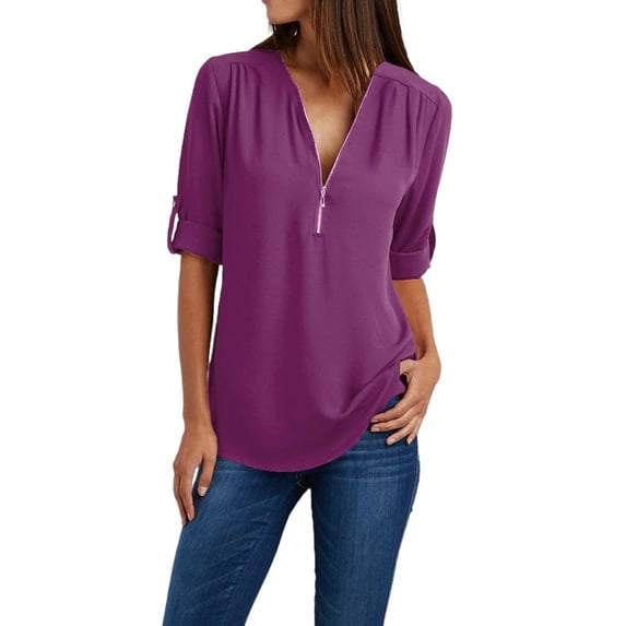 WISEFIN Women Plus Size S-5XL Roll Up Long Sleeve Zipper V-Neck Solid Color Chiffon T-Shirt Blouse Tops