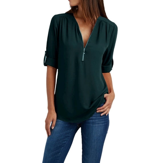 WISEFIN Women Plus Size S-5XL Roll Up Long Sleeve Zipper V-Neck Solid Color Chiffon T-Shirt Blouse Tops